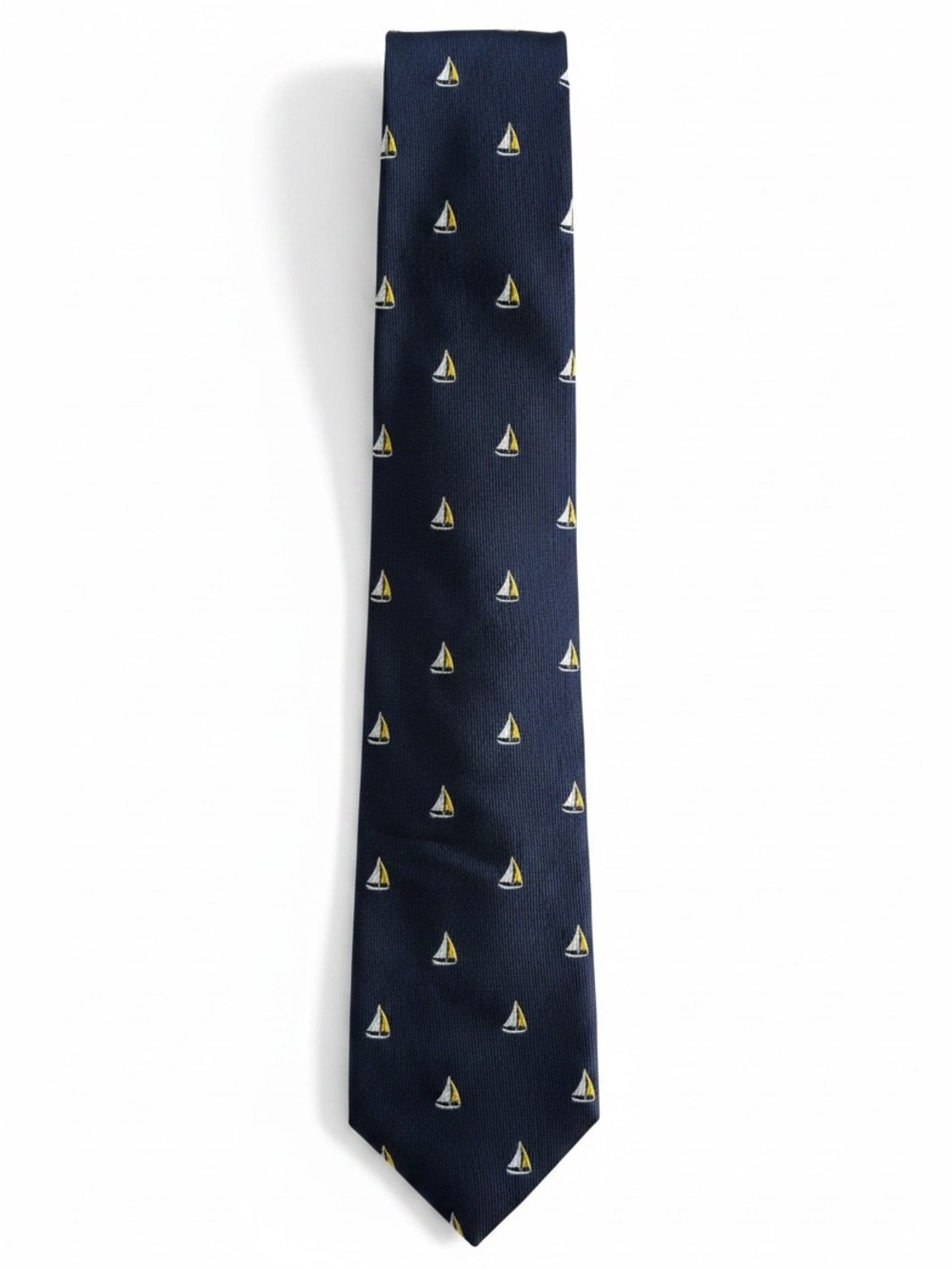 Lands’ End Sailboat Print Silk Tie Navy Blue Yellow Nautical Preppy Necktie